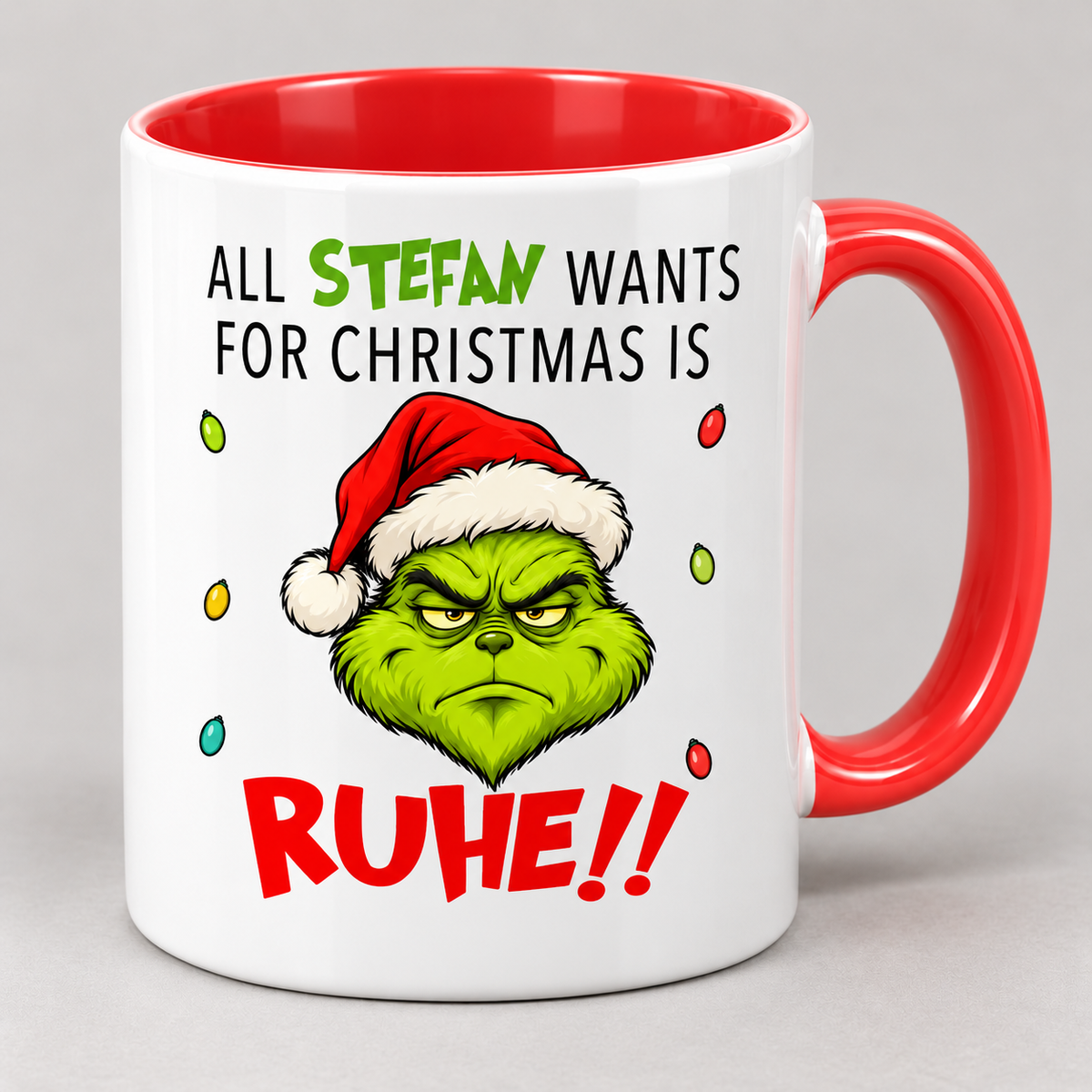Personalisierte Grinch-Tasse „All I want for Christmas is Ruhe“ mit Wunschname