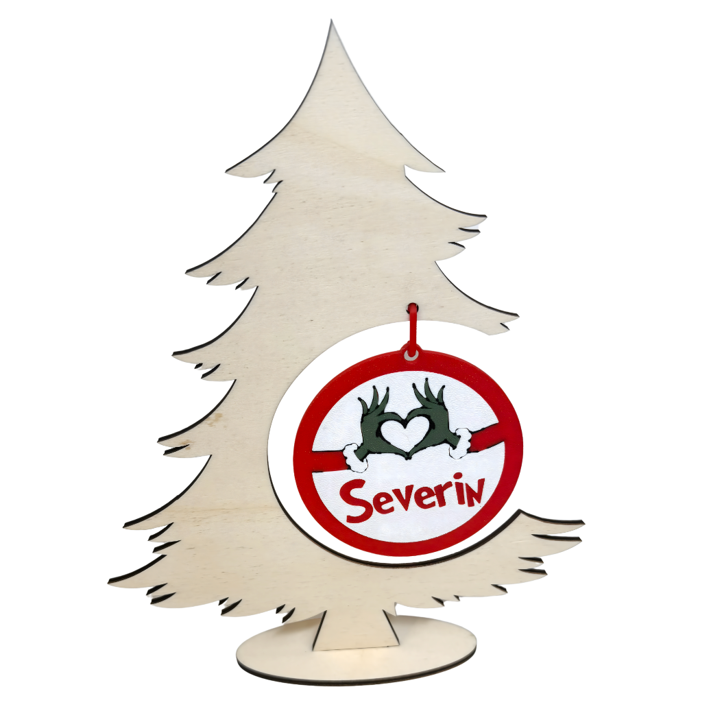 Persönlicher Weihnachtsbaum aus Holz mit individuellem Namens-Anhänger