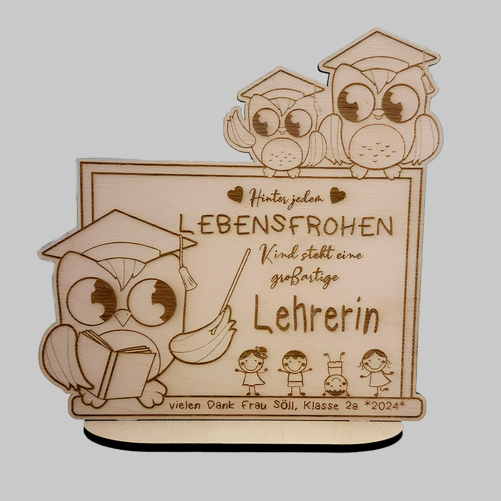 Abschiedsgeschenk Holzaufsteller Eulen Lehrerin