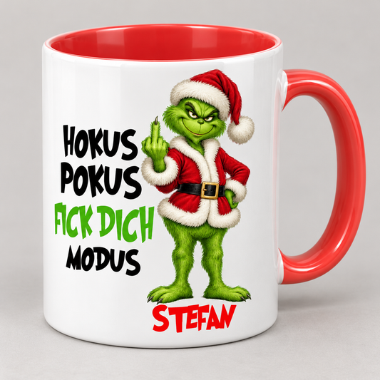 Personalisierte Grinch-Tasse „Hokus Pokus – Fick dich Modus“ mit Wunschname