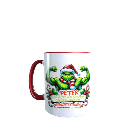 Personalisierte Grinch Tasse – Muskelmann beim Geschenkeheben